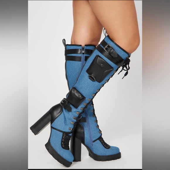 FASHIONNOVA Blue/Black Denim Baddie Alert Over The Knee Boots - Picture 2 of 4